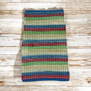 Vintage Thick Handwoven Throw Rug Striped Red White Blue Green Tan 30”x 18”